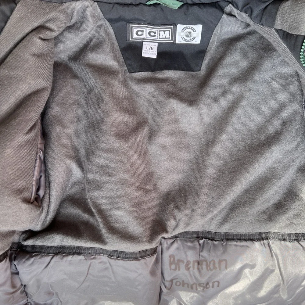 VTG CCM Dallas Stars NHL Center Ice Winter Puffer Coat Green Gray Youth LG